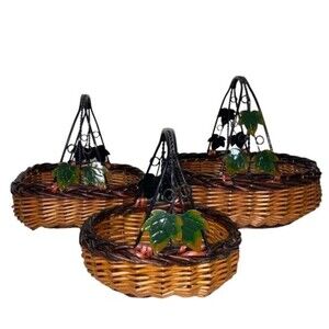 Cottagecore 3 Set Brown Woven Wicker Basket Metal Handles Green Leaves Farmcore